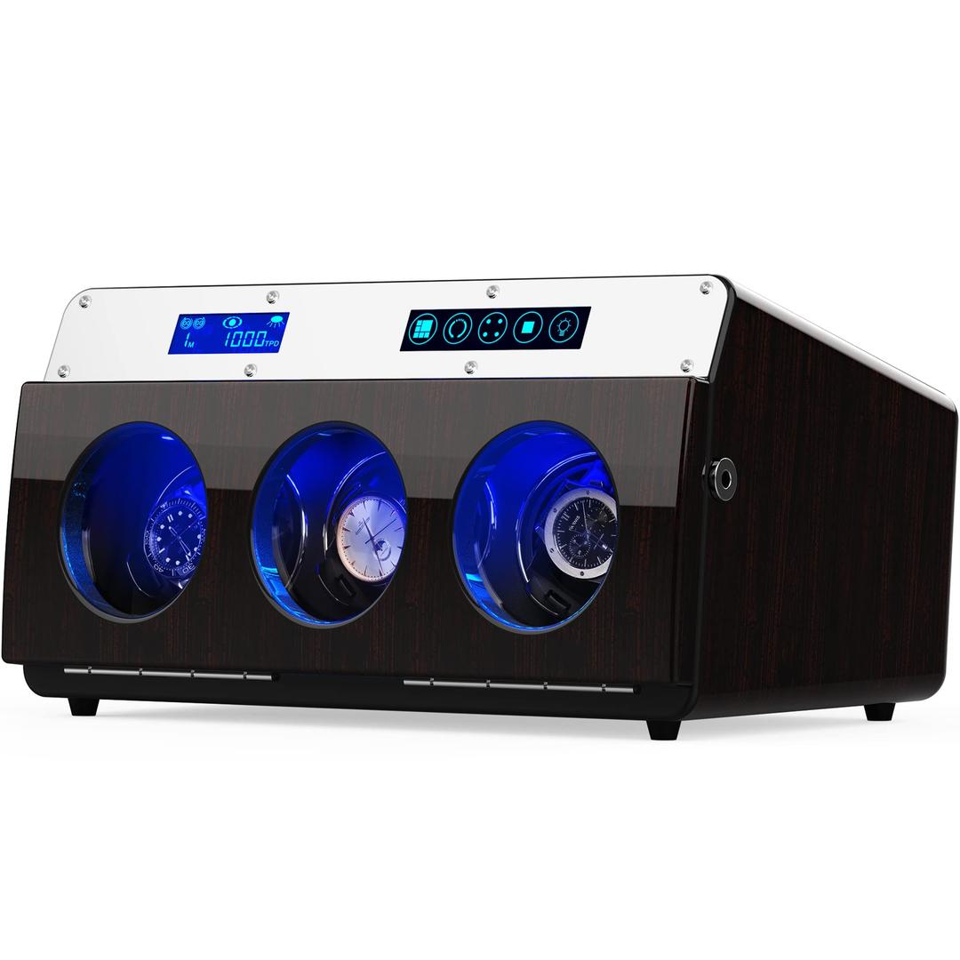 Automatic Watch Winder 3 Watch Winder Box Piano Finish LCD Touch Display Screen Adjustable Watch Pillows Led Illumination Accessories a, (B)