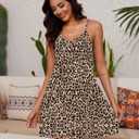 Marvmys Womens Cotton Sleeveless Nightgown Spaghetti Strap V Neck Full Slip Sleep Dress with Pockets (X-Large, Leopard)