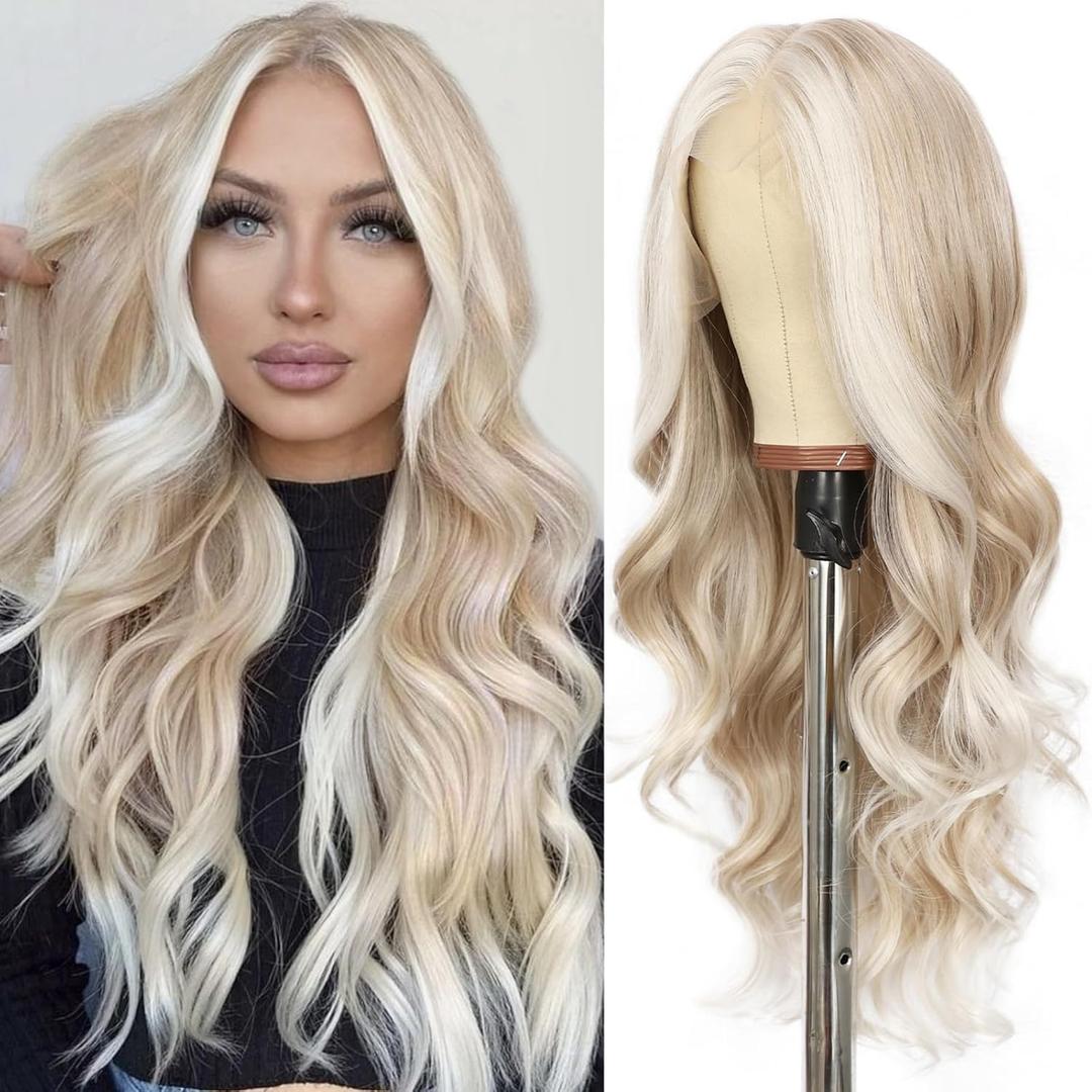 SAPPHIREWIGS 134 Body Wave Lace Front Wig for Women Highlight Ash Blonde with White Tips Pre Plucked Hairline Long Wavy Synthetic Wigs for Daily Party Use 26inch
