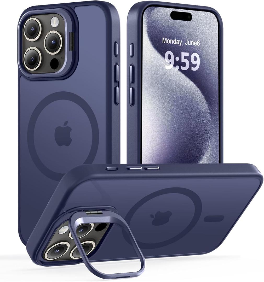 Magnetic Case for iPhone 15 Pro with Kickstand, Compatible with Magsafe, Built-in Camera Stash Stand, Military Protection, Skin Feeling Phone Case for iPhone 15 Pro 6.1inch, Deep Blue