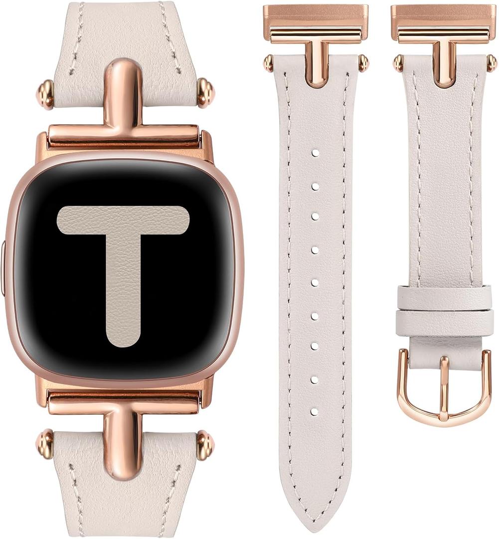 Wearlizer Leather Band Compatible with Fitbit Versa 4 Bands for Woman/Versa 3/Sense 2/Sense Bands Women, Dressy Designer T-Shape Metal Buckle Leather Strap