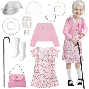 Old Lady Costume for Kids: 100 Days of School Costume for Girls 100th Day of School Granny Dress up Accessories with Wig, Glasses Wrinkle Tattoo Stickers, Cane, Jewelries, Grandma Cosplay Kit