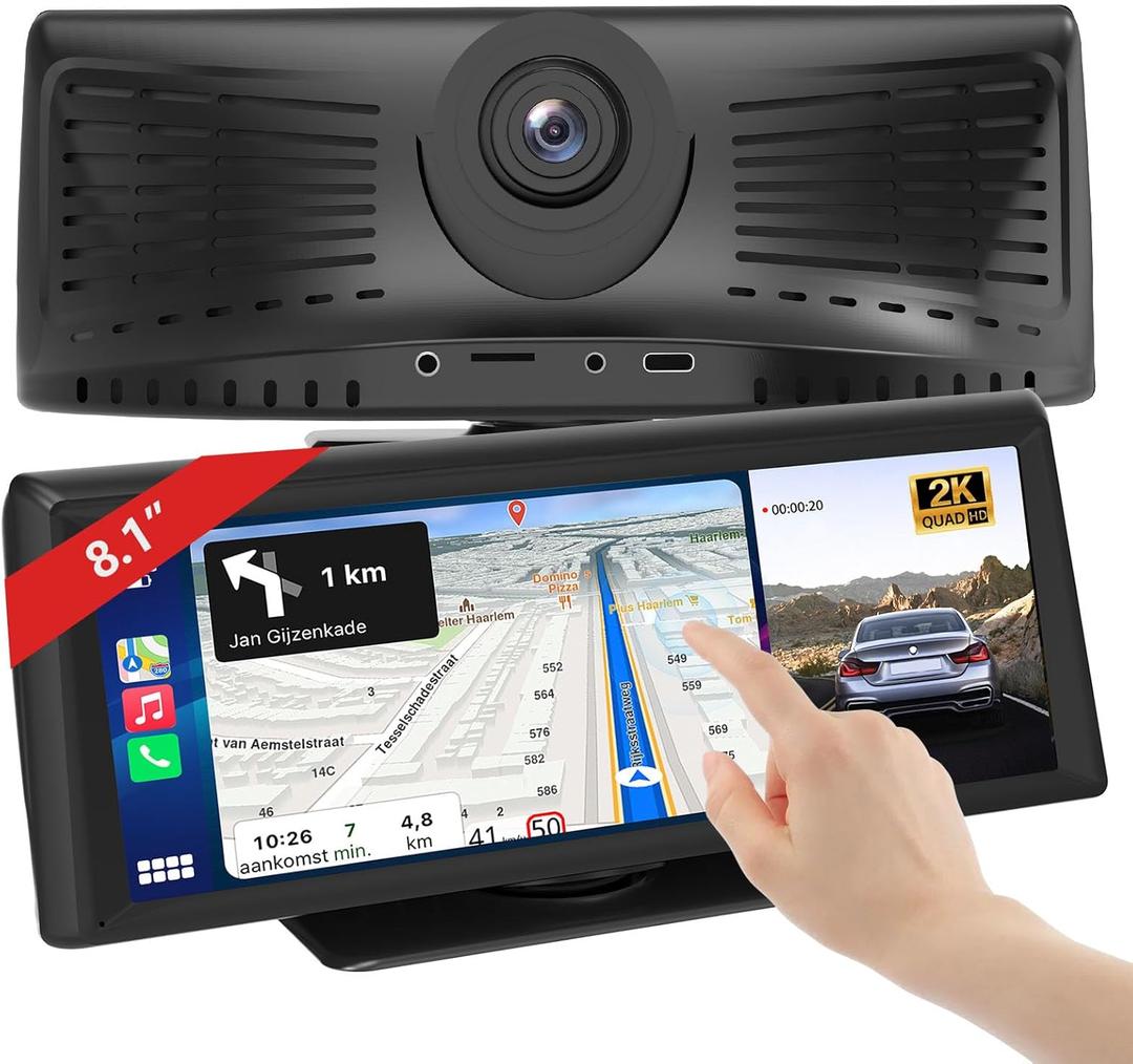 8.1" Wireless Carplay Screen for Car with 2K DVR & 1080P Backup Camera, Portable Touchscreen Car Stereo with Carplay & Android Auto, BT/FM/AUX/GPS Nav/Mirror Link/Voice Control for My Old Car