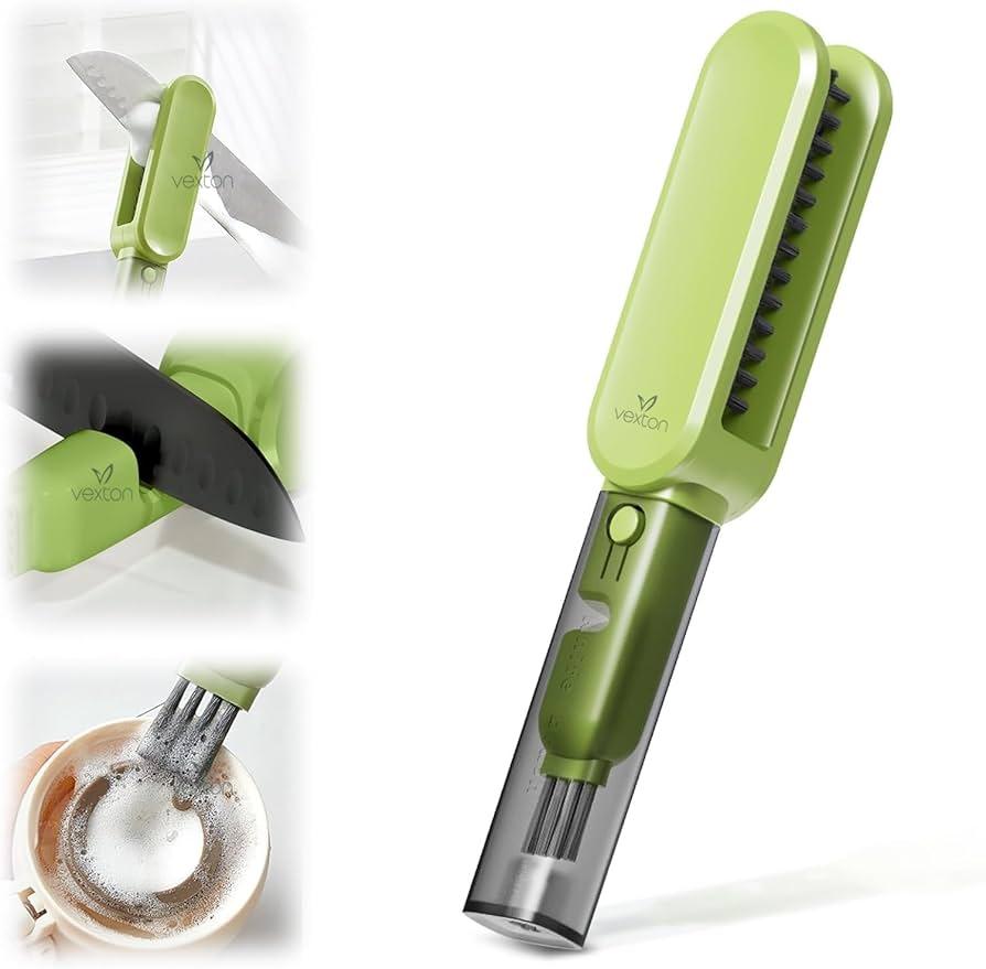 Dayinkes Knife Cleaner Blade Brush, Multi-Functional Kitchen Cutlery Brush, Double-Sided Knife Scrubber, Knife Brush with Knife Sharpener, for Knives, Forks, Dish, Cutlery Cleaning（Green）3 Pack