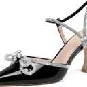 Susanny Women's Closed Toe Rhinstone Wedding Low Heel Slingback Clear Kitten Heels,Adjustable Strap Pointed Toe Bow Pumps High Heeled Prom Dress Shoes (7, Patentblack)