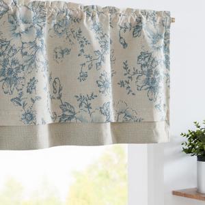 jinchan Linen Floral Valance Double Layer Kitchen Window Curtain Blue Flower on Beige Valance for Living Room Cafe Farmhouse Room Darkening Rustic Country Curtain 16 Inch Rod Pocket 1 Panel
