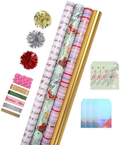 LaRibbons Christmas Wrapping Paper Sets, Classic Reindeer Stripes & Happy Holiday Design with Ribbons & Gift Tags & Metallic Pom Pom for Christmas, Holiday，30Inch × 10Feet（ 4 Rolls: 100 Sq.Ft.Ttl）