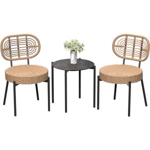 GarveeLife 3 Piece Wicker Patio Bistro Furniture Set, Outdoor Dining Chairs, Includes 2 Rattan Chairs and Tempered Glass Table, for Garden, Backyard, Balcony, Apartment, Black & Brown