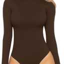 MANGOPOP Women's Mock Turtle Neck Long Sleeve Tops Bodysuit Jumpsuit,Brown, Medium