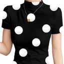 SHENHE Women's Mock Neck Short Sleeve Tee Shirt Polka Dots Slim Fitted Stretch Going Out Top (Black), Size: Small