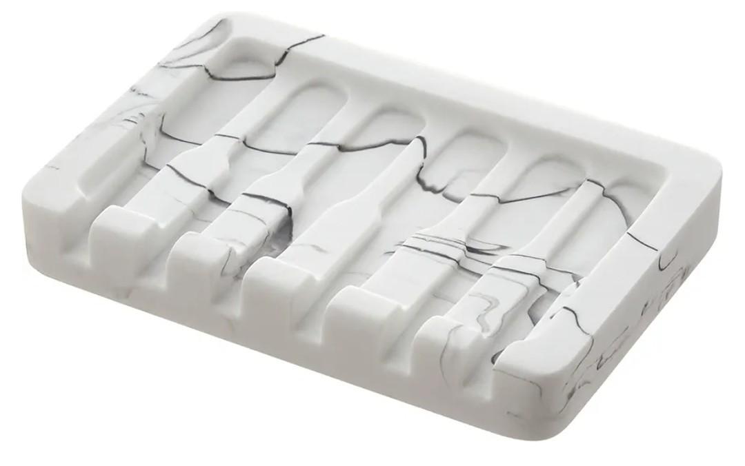 INIUNIK Self Draining Soap Dish - Marble Look Soap Holder Tray Savers Box Container Sponge Holder for Bathroom Shower Kitchen, White