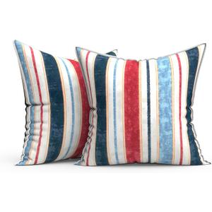 Outdoor Throw Pillow Covers Pack of 2, Decorative Water Repellent Square Pillow Cases 18x18 Inch, Patio Pillowcases for Home Patio Furniture Use, Stripe Red Blue