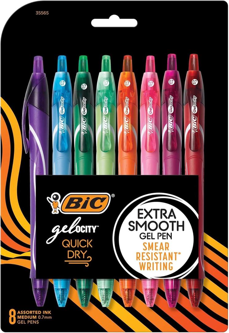 BIC Gelocity Quick Dry Assorted Colors Gel Pens, Medium Point (0.7mm), 8-Count Pack, Retractable Gel Pens With Comfortable Full Grip