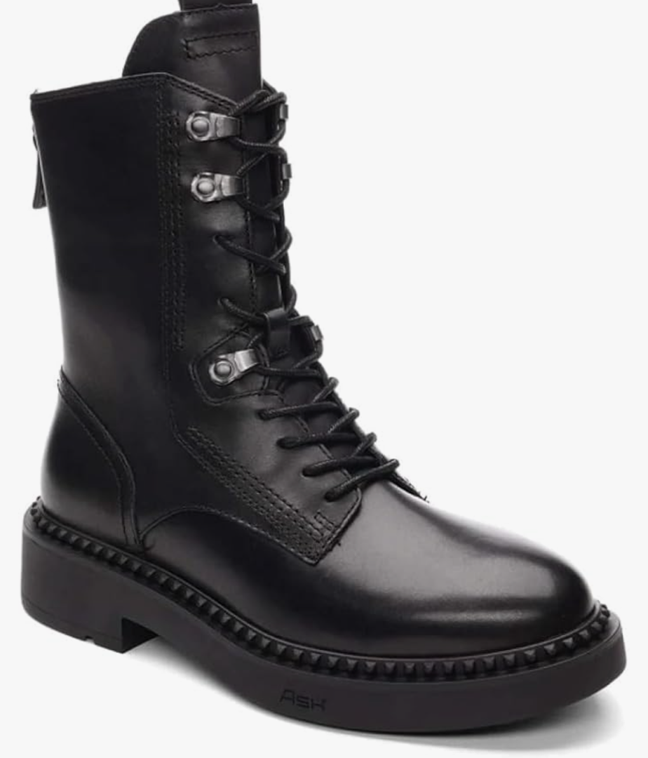 ASH Women's Marlow Black Leather Motorcycle Boots, Round Toe, Speed Lacing, Inside Zipper, Studded Trim Ankle 39/7.5