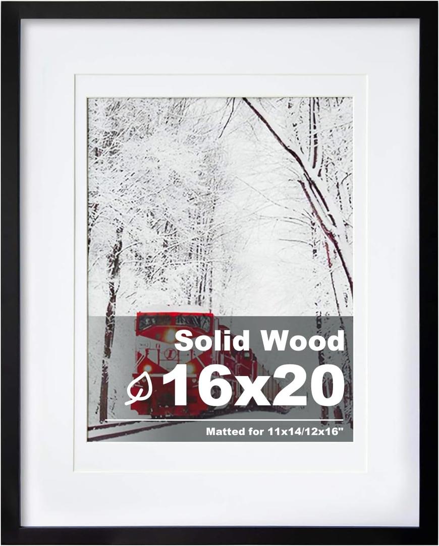 Egofine 16x20 Solid Wood Picture Frame, Made of Solid Wood Covered by Plexiglass 11x14/12x16 with Mat 16x20 without Mat, Poster Frame for Wall Mounting Photo Frame Vertically or Horizontally, Black