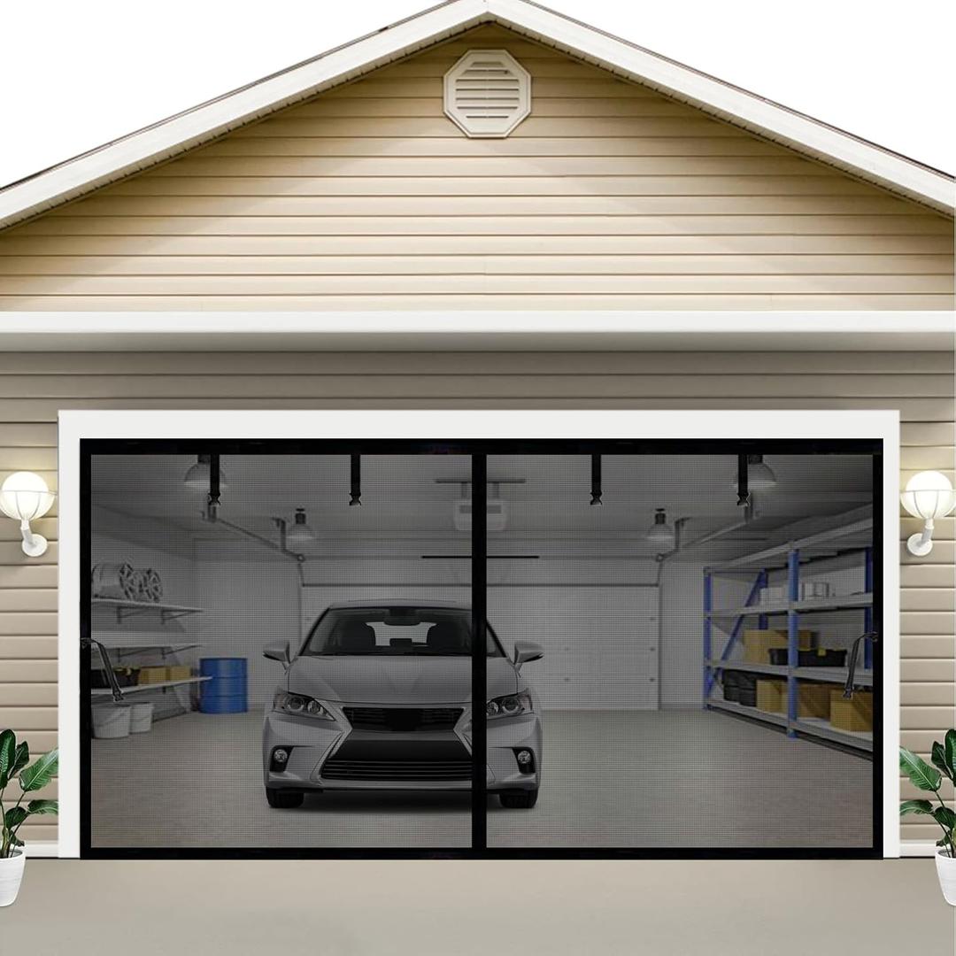 Magnetic Garage Screen Door 12x10FT for 1 Car, Carport Doors, Hands Free Heavy Duty Screen Curtain, Kids Pets Friendly, Self Sealing Fiberglass Door Cover, Retractable, Easy Assembly &Pass (Black)