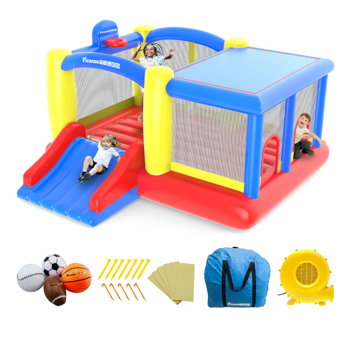 PicassoTiles Inflatable Jump Slide Dunk Bounce House (KC102) sets up in under 2 minutes for fast, active outdoor play. With a built in basketball rim, 4 sports balls, and a retractable shade cover, kids can slide, dunk, and stay protected while enjoying summer fun anywhere.