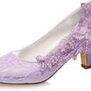 Emily Bridal Wedding Shoes Women's Silk Like Satin Chunky Heel Pumps with Stitching Lace Flower Crystal Pearl (7.5, Light Purple)