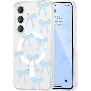 UEEBAI Magnetic for Samsung Galaxy A16 4G/5G Case, Bow Case Compatible with MagSafe, Wireless Slim Clear Ribbon Aesthetic Phone Cover Anti-Yellowing Shockproof Protective Cover for Women Girl - Blue