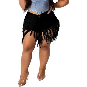 PINSV Women Plus Size Fringe Denim Shorts Tassels Jean Short Pants (5X-Large Plus, Black)