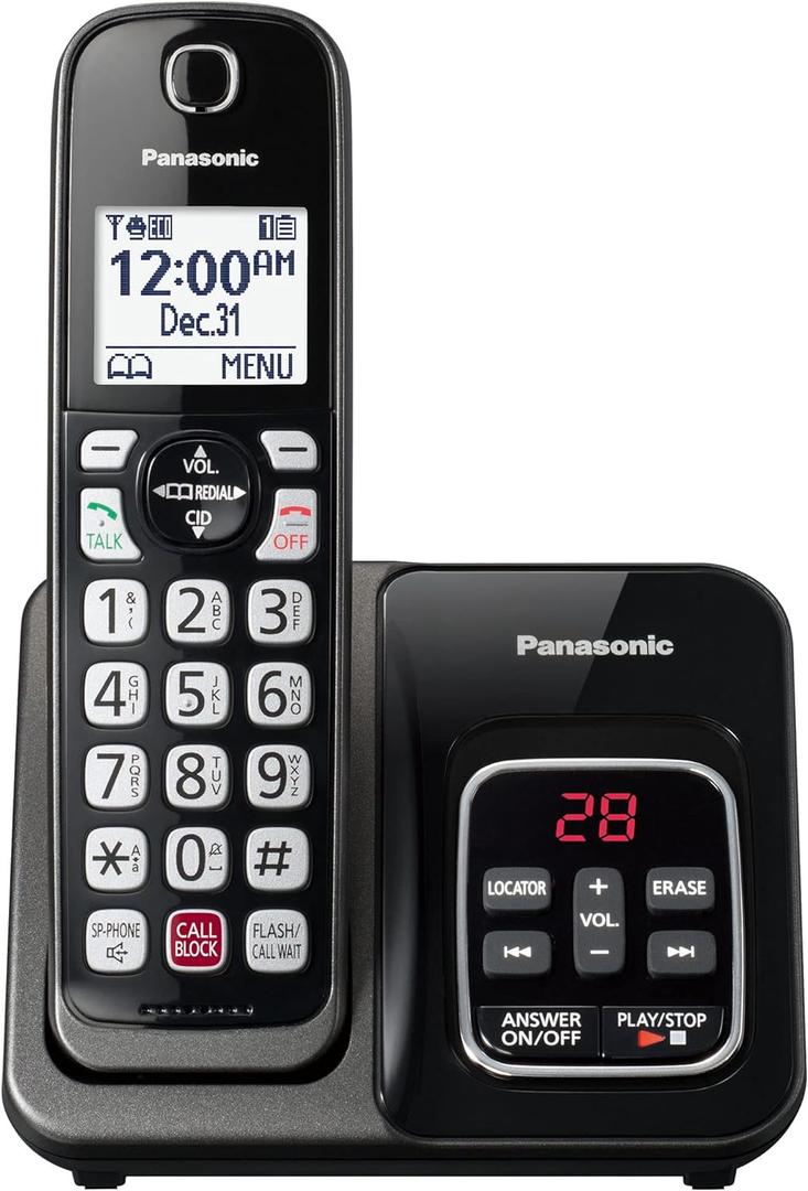 Panasonic Cordless Phone with Answering Machine, Advanced Call Block, Bilingual Caller ID and High-Contrast Display, Expandable System with 1 Handset Cordless Telephone - KX-TGD830M (Metallic Black)