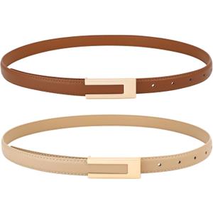 Women Leather Belt Skinny Waist Belts for Dress Thin Waist Belt with Gold Buckle for Jeans Pants (Fit Waist 35"-43", Apricot+brown)