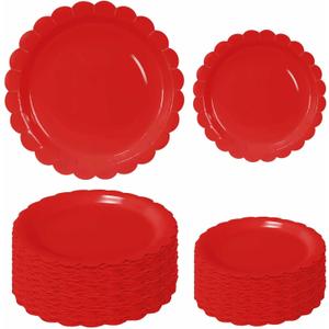 FALIZIFU 50 Pcs Red Scalloped Paper Plates 25  7'' and 25  9'' Disposable Red Scalloped Dinner Plates for Wedding Baby Shower Birthday Party Disposable Dessert Plate