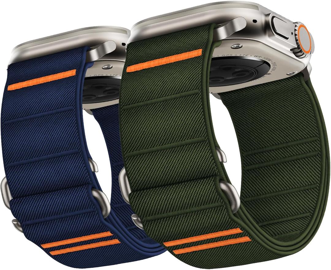 Suitisbest 2 Pack StretchFit Sport Bands Compatible with Apple Watch Ultra Band 49mm 46mm 45mm 44mm 42mm Men Women, Stretchy Sport Loop Strap with S-Hook for iWatch Series 10 Ultra SE 9 8 7 6 5 4 3 (Orange/Midnight Blue)