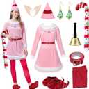 10 x 7 Pcs Women Christmas Elf Costume Set Santa's Helper Velvet Dress Xmas Outfit Elf Ears Hat Shoes Belt Socks Bell (Pink, XXL)