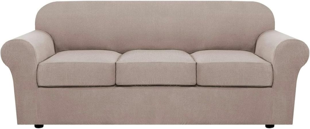H.VERSAILTEX 4 Piece Stretch Sofa Covers for 3 Cushion Couch Covers for Living Room Slipcovers (Base Cover Plus 3 Seat Cushion Covers) Upgraded Thicker Jacquard Fabric (Sofa, Sand) (Large)