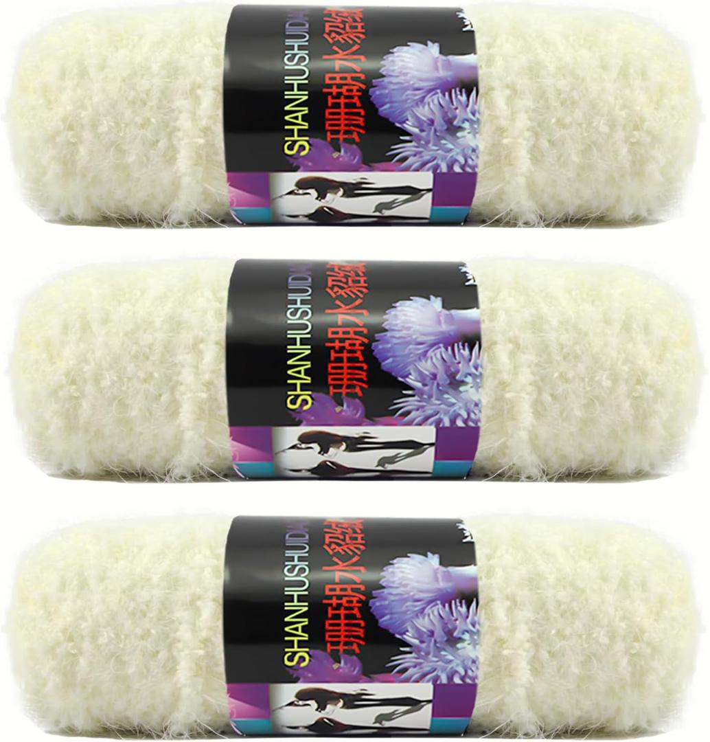 Super Soft Eyelash Yarn, 3 Packs of 100 g/3.6 oz - Acrylic Blends Yarn - 110 yards/100 m- Knitting/Crochet/Knitting Machine Yarn, Eyelash Plush Yarn for DIY Knitting and Crocheting Hat, Scarf, Purse (White)