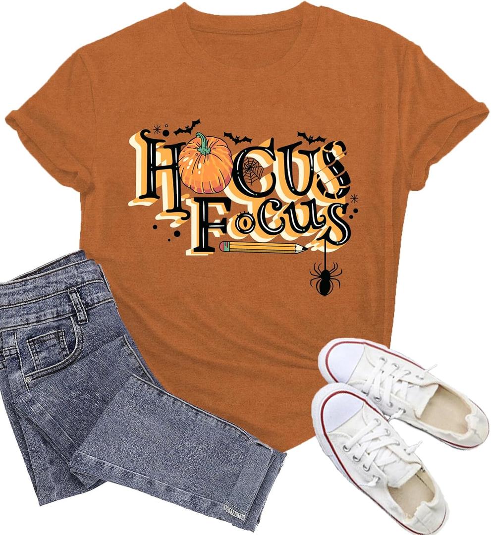 Halloween Shirts for Women Hocus Focus T-Shirt Halloween Pumpkin Tee Tops (Brown)