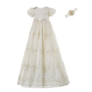 NIMBLE Baby Girls Newborn Christening Embroidered Gown Dress Outfit with Headband, Size 0-3, Champagne 