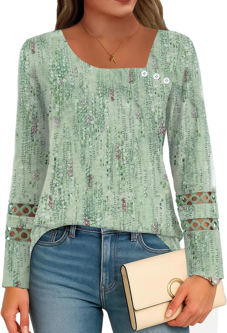 Disamer Long Sleeve Shirts for Women Fall Clothes Teacher Outfits 2026 Button Blouses Dressy Casual Square Neck Tunic Tops (M)