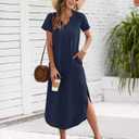 MISFAY Women's Summer Casual Maxi Dress 2025 Short Sleeves V Neck Loose Sundress Split Long Beach T Shirt Dress Vacation Outfits(Navy,2XL) (Blue, XXL)