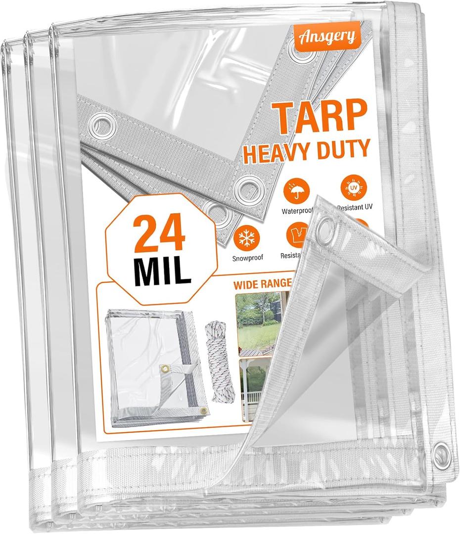 24 Mil Clear Tarps Heavy Duty Waterproof,Clear Tarp 8x10 FT,Tear-Resistant,Anti-UV,Cold Weather Resistan,PVC Clear Vinyl Tarp with Grommets for Covering Patio Henhouse Porch Canopy Plant Camping
