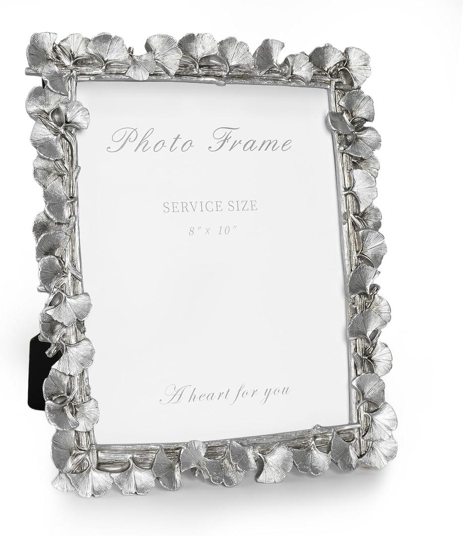 Cuspin Silver 8x10 Picture Frame, Vintage Silver Ornate Leaf Textured Hand-Crafted Resin with Glass Front Antique Photo Frame for Tabletop Display, Retro Design Home Decor