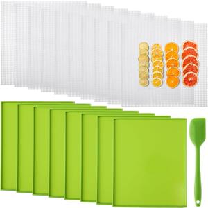 Thenshop 8 Silicone Dehydrator Mats & 10 Mesh Dryer Mats and 1 Baking Scraper, Reusable Non Stick Silicone Dehydrator Tray with Edge for Baking Fruits Meat Vegetables(Green)