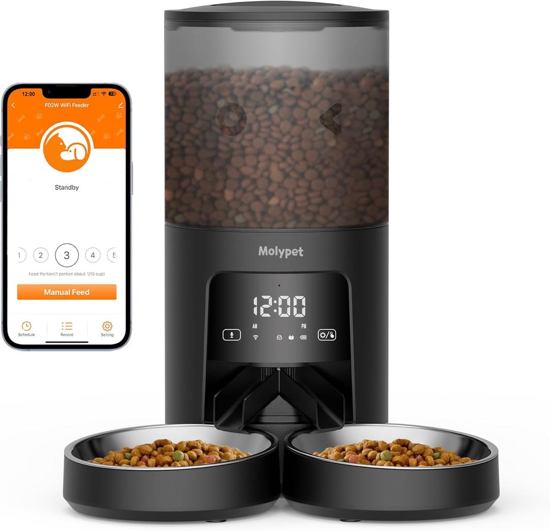 Automatic Cat Feeder 2 Cats - 5G WiFi Pet Feeder with APP Control, 6L Dry Food Dog Feeder with Low Food & Blockage Alarms, 1-10 Meals Per Day (5G Wi-Fi Double Bowls, Black)