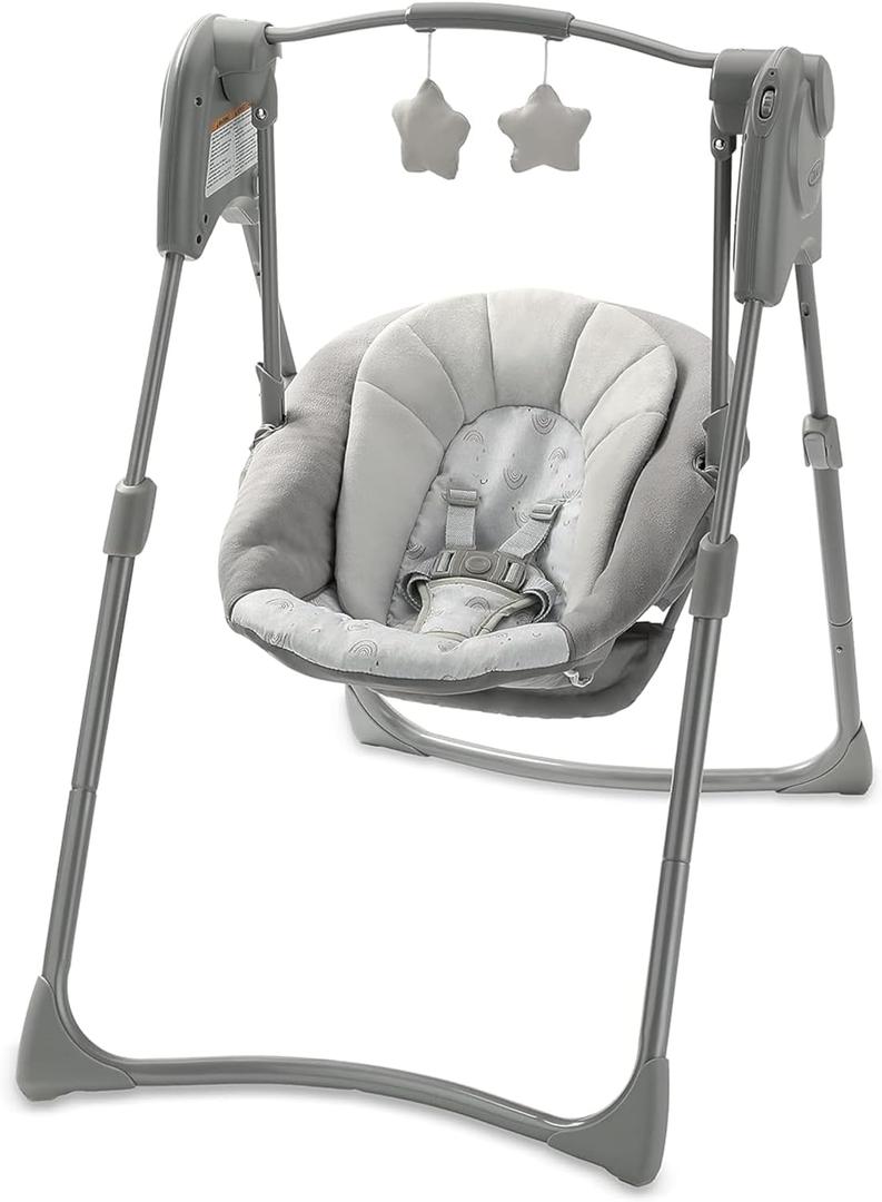 Graco Slim Spaces Compact Baby Swing, Space Saving Portable Bay Swing with Height Adjustable Legs & Soft Toys, Reign