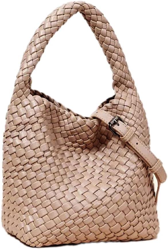 Woven Leather Bags for Women Knoted Women Handbag Designer Shoulder Bucket Purse Handmade Fashion Tote Hobo Bag Small (Beigea)