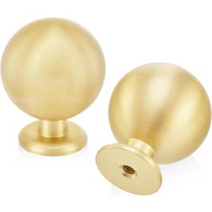 QOGRISUN 10-Pack Solid Brass Cabinet Knobs, Round Ball Gold Knobs for Dresser Drawer, 1.1-Inch Diameter, Sphere Cabinet Pulls, Brushed Brass Finish