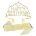 Gold Rhinestones Tiara & Happy Birthday Sash Set, Birthday Sash and Crown for Women, Princess Birthday Party Decorations for Women Girls Birthday Gifts for Her Glitter Birthday Accessories for Women
