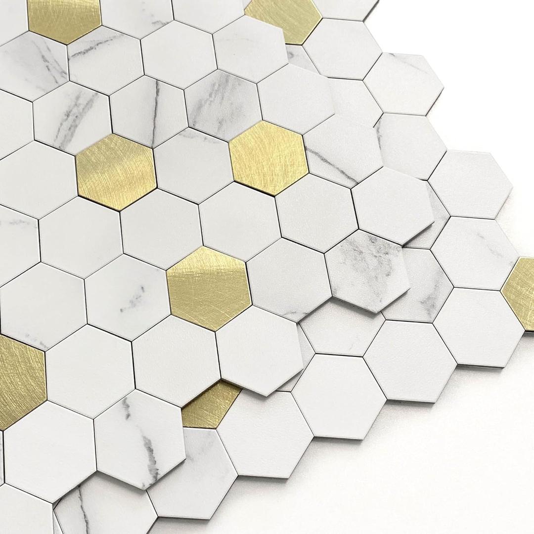 Hexagon Peel and Stick Backsplash Tiles Kitchen,Self-Adhesive Metal and Marble Honeycomb Peel and Stick Wall Tiles Sticker Mosaic Heat Resistant(White Gold,10sheets)