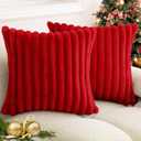 BAOLIZEGAO Christmas Red Faux Fur Plush Throw Pillow Covers 16x16 Set of 2 Fuzzy Striped Soft Cozy Pillowcase Luxury Decorative Pillows Square Fluffy Cushion Covers for Couch Bed Living Room