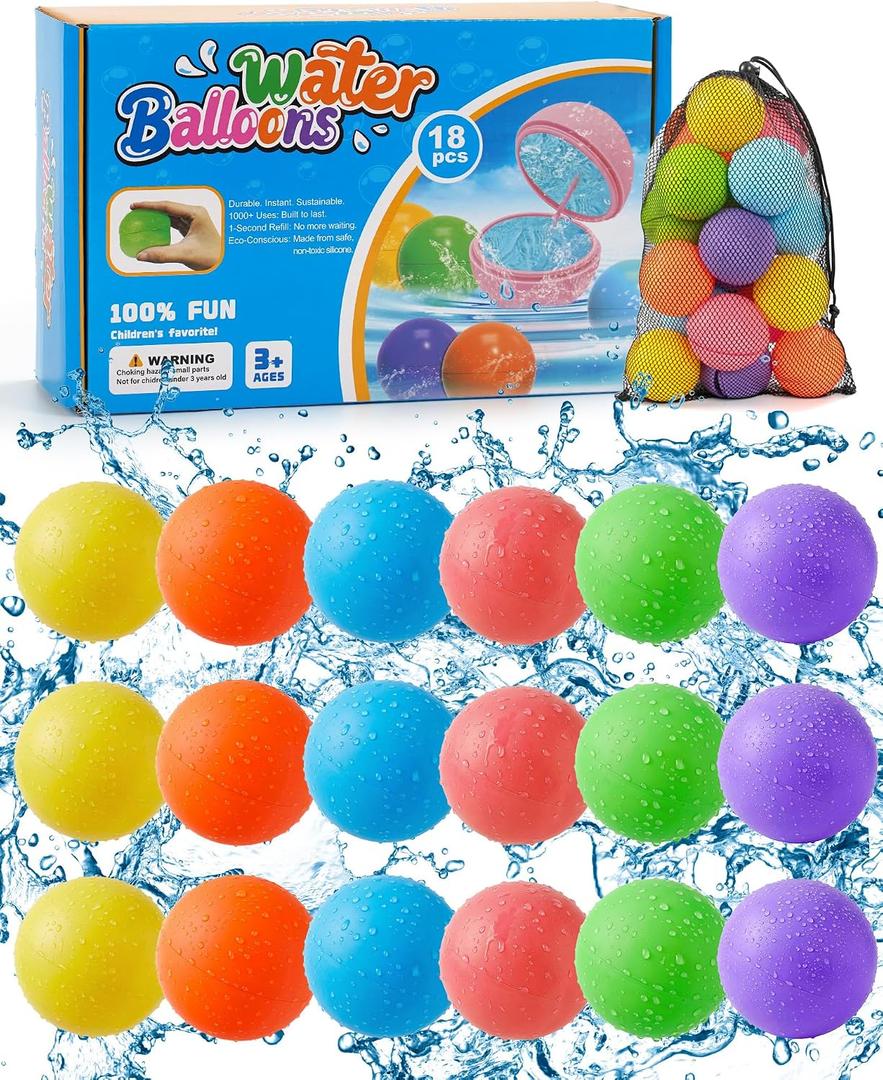 Reusable Water Balloons 18 Pcs, Quick-Fill Summer Water Toys for Pool Parties & Outdoor Beach Backyard Games, Durable Splash Balls for Kids