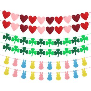 Valentines Day Decorations Felt Garland 6pcs Pre-Assembled Valentines Day Heart St Patricks Day Shamrock Easter Bunny Banner for Mantle, Fireplace, Wall, Party Supplies, Wedding, Anniversary