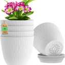 WSMKSZ 7 inch Plant Pots, 5 Pack Flower Pots with Drainage Holes and Saucers for Indoor Plants, Plastic Planters with Water Ripple for Small Garden House Plants, Nursery Pots for Succulent, White