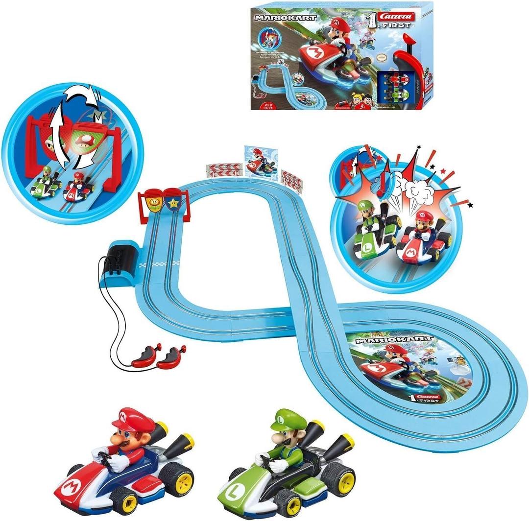Carrera First Nintendo Mario Kart Slot Car Race Track - Includes 2 Cars: Mario and Luigi - Battery-Powered Beginner Toy Racing Set for Kids Ages 3 Years and Up