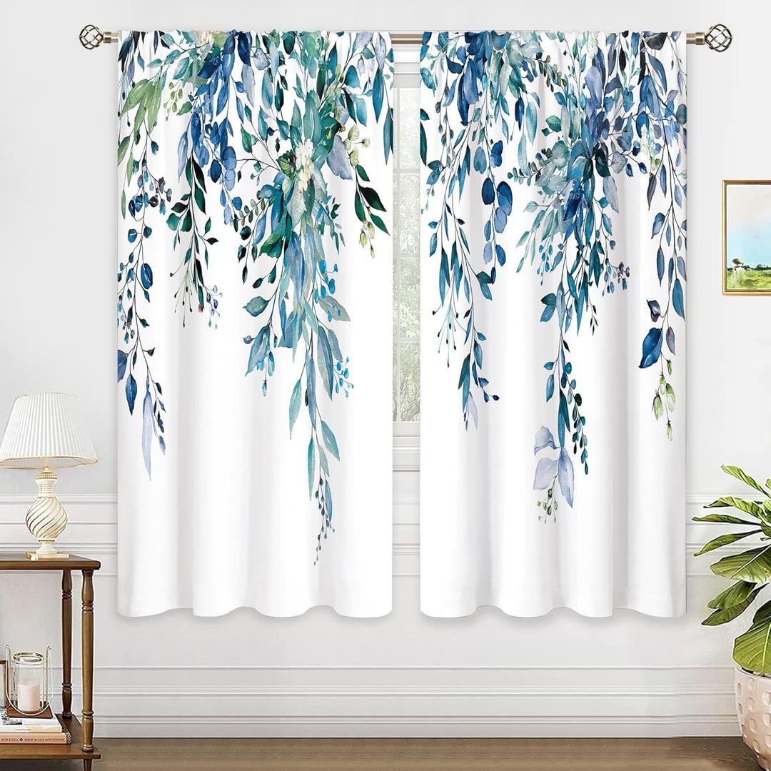 Teal Eucalyptus Botanical Leaves Floral Window Curtains Blue Watercolor Turquoise Flower Plant Wildflower Farmhouse Curtain Drapes Herb Curtains for Bedroom Living Room Treatment 42Wx63H(42"W x 63"L (Pack of 2), 07 Navy Blue)